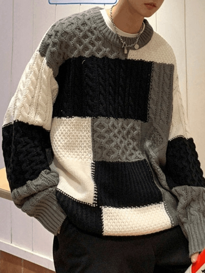 Cozy Men's Color Block Cable Knit Sweater for Y2K Fashion Enthusiasts Cozy Men's Color Block Cable Knit Sweater for Y2K Fashion Enthusiasts