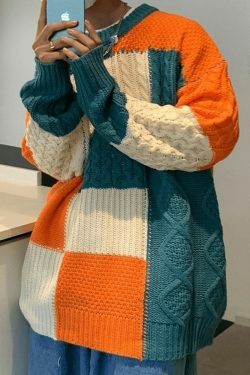 Cozy Men's Color Block Cable Knit Sweater for Y2K Fashion Enthusiasts