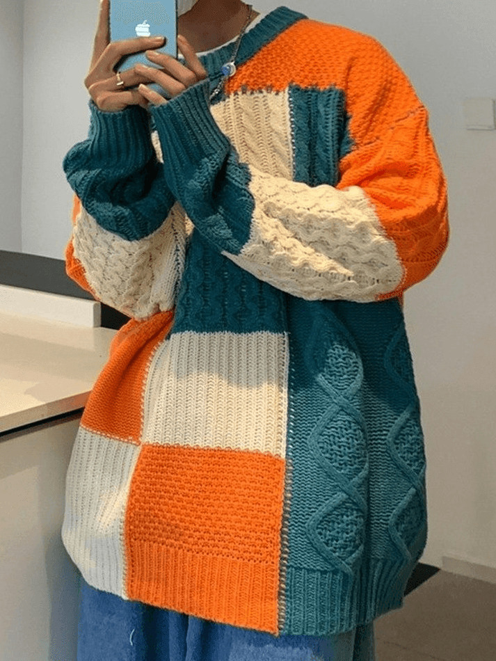 Cozy Men's Color Block Cable Knit Sweater for Y2K Fashion Enthusiasts Cozy Men's Color Block Cable Knit Sweater for Y2K Fashion Enthusiasts