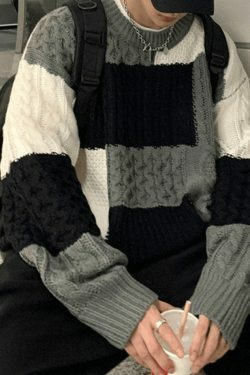 Cozy Men's Color Block Cable Knit Sweater for Y2K Fashion Enthusiasts