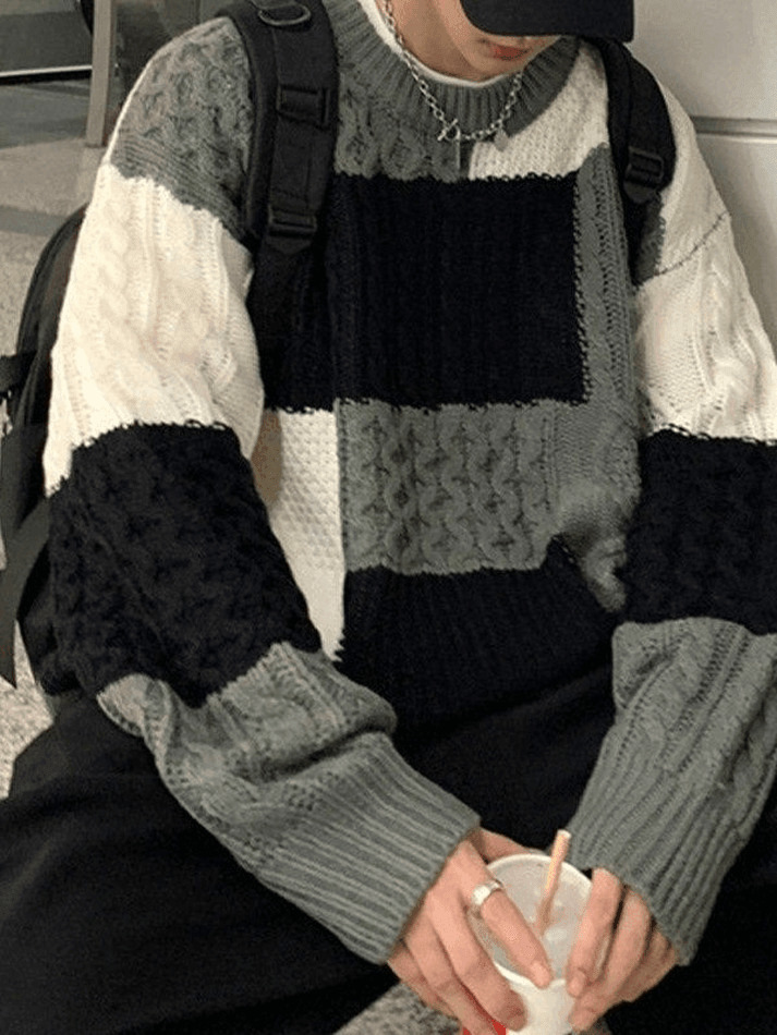 Cozy Men's Color Block Cable Knit Sweater for Y2K Fashion Enthusiasts Cozy Men's Color Block Cable Knit Sweater for Y2K Fashion Enthusiasts