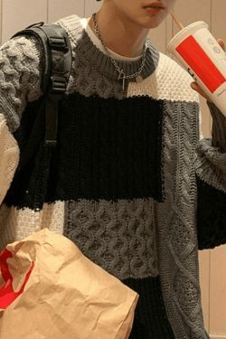 Cozy Men's Color Block Cable Knit Sweater for Y2K Fashion Enthusiasts
