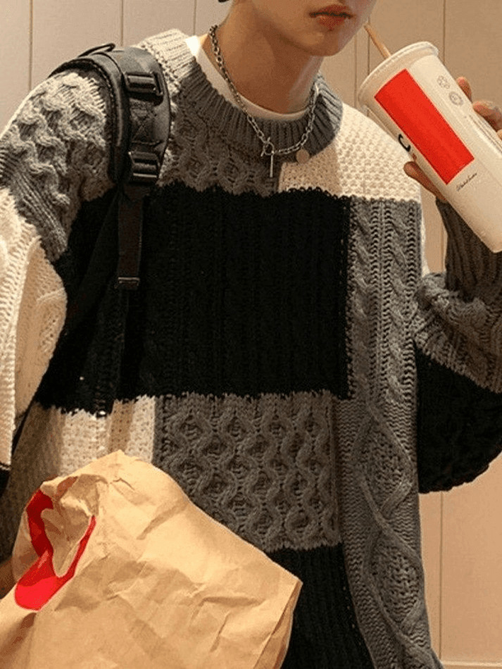 Cozy Men's Color Block Cable Knit Sweater for Y2K Fashion Enthusiasts Cozy Men's Color Block Cable Knit Sweater for Y2K Fashion Enthusiasts