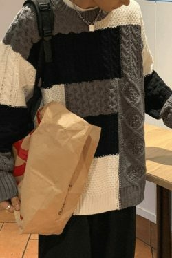 Cozy Men's Color Block Cable Knit Sweater for Y2K Fashion Enthusiasts