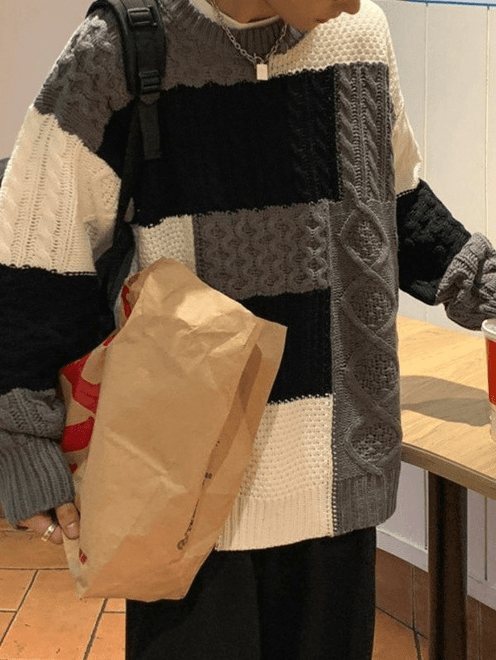 Cozy Men's Color Block Cable Knit Sweater for Y2K Fashion Enthusiasts Cozy Men's Color Block Cable Knit Sweater for Y2K Fashion Enthusiasts