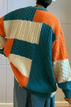 Cozy Men's Color Block Cable Knit Sweater for Y2K Fashion Enthusiasts