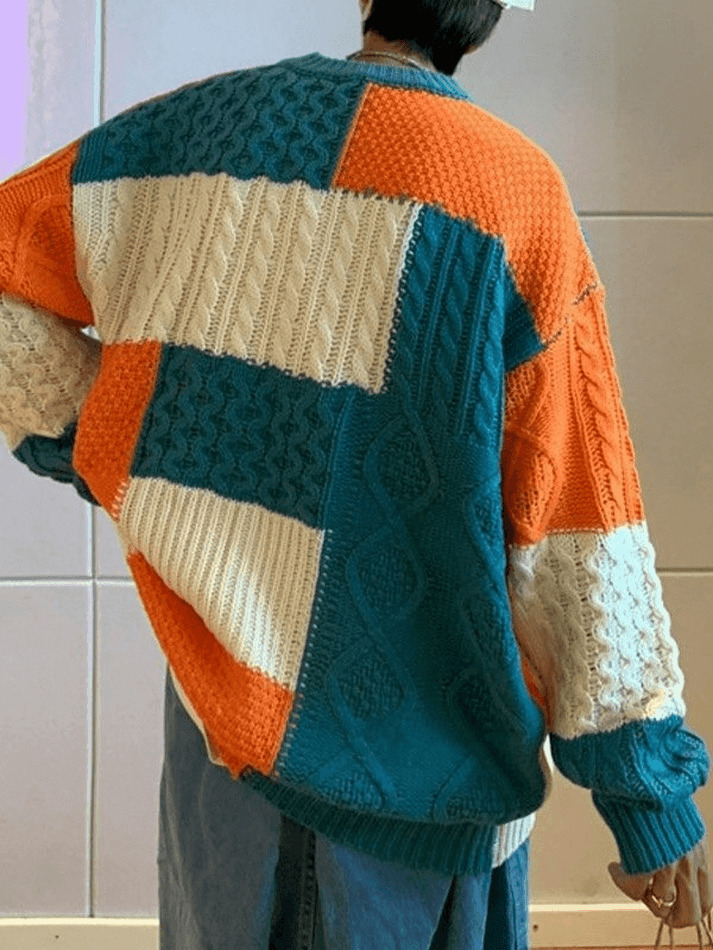 Cozy Men's Color Block Cable Knit Sweater for Y2K Fashion Enthusiasts Cozy Men's Color Block Cable Knit Sweater for Y2K Fashion Enthusiasts