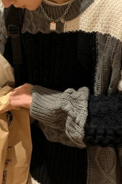 Cozy Men's Color Block Cable Knit Sweater for Y2K Fashion Enthusiasts
