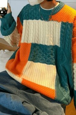 Cozy Men's Color Block Cable Knit Sweater for Y2K Fashion Enthusiasts
