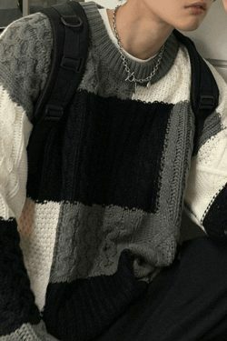 Cozy Men's Color Block Cable Knit Sweater for Y2K Fashion Enthusiasts