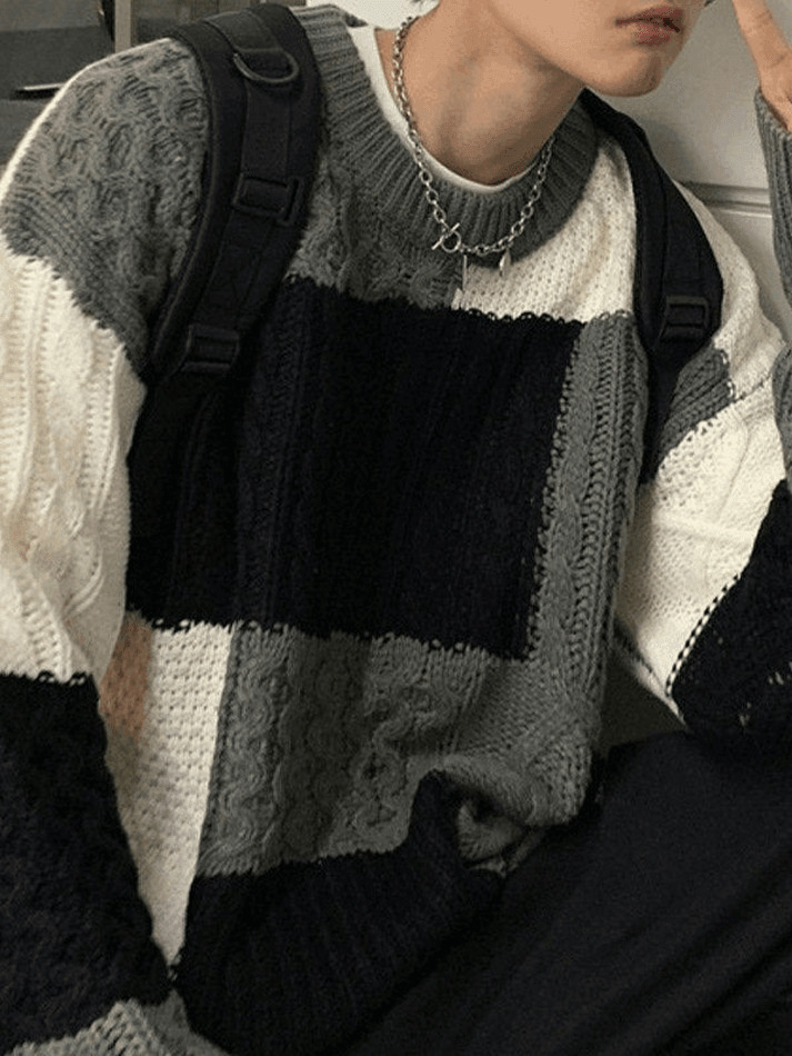 Cozy Men's Color Block Cable Knit Sweater for Y2K Fashion Enthusiasts Cozy Men's Color Block Cable Knit Sweater for Y2K Fashion Enthusiasts