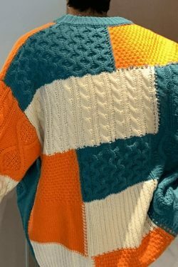 Cozy Men's Color Block Cable Knit Sweater for Y2K Fashion Enthusiasts