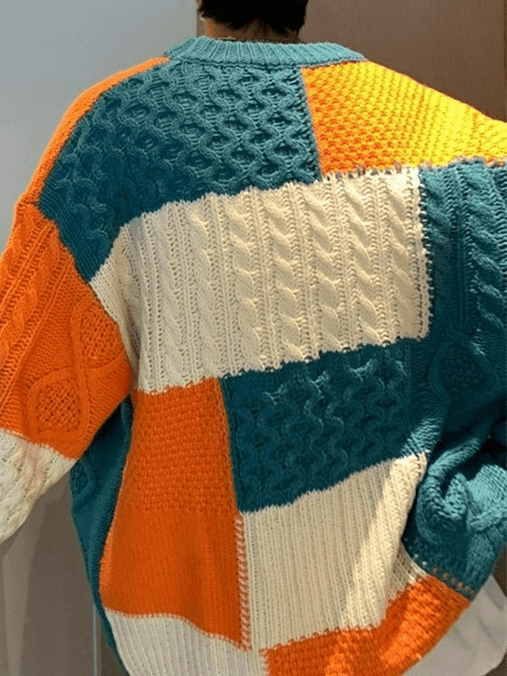 Cozy Men's Color Block Cable Knit Sweater for Y2K Fashion Enthusiasts Cozy Men's Color Block Cable Knit Sweater for Y2K Fashion Enthusiasts