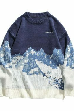 Cozy Mountain Landscape Knitted Sweater for Women - Y2K Aesthetic, Grunge Style, Cottagecore Outfits