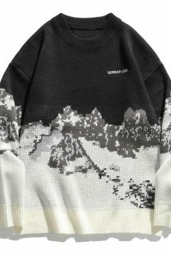 Cozy Mountain Landscape Knitted Sweater for Women - Y2K Aesthetic, Grunge Style, Cottagecore Outfits
