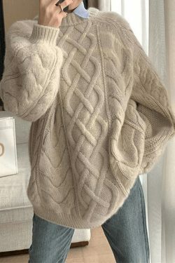 Cozy Oversized Cable Knit Sweater for Y2K Fashion Enthusiasts