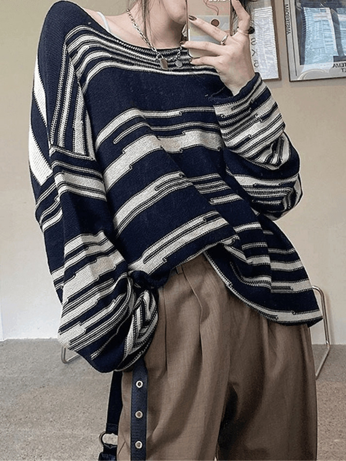Cozy Oversized Stripe Jumper Knit Sweater for Y2K Aesthetic Fashionistas Cozy Oversized Stripe Jumper Knit Sweater for Y2K Aesthetic Fashionistas