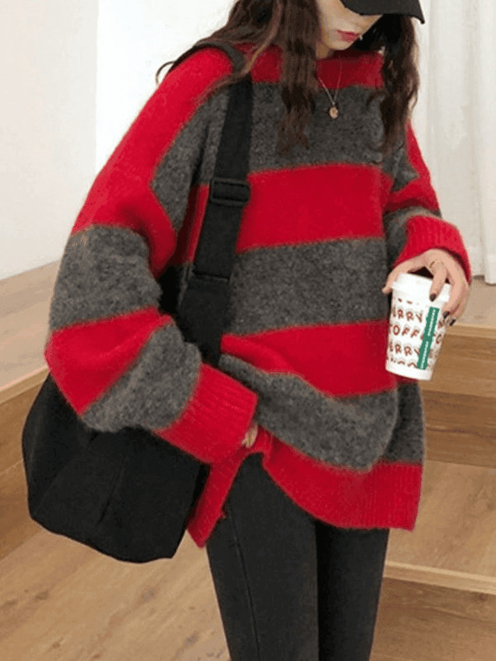 Cozy Oversized Stripe Pullover Sweater for Y2K Fashion Enthusiasts Cozy Oversized Stripe Pullover Sweater for Y2K Fashion Enthusiasts