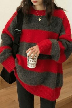 Cozy Oversized Stripe Pullover Sweater for Y2K Fashion Enthusiasts