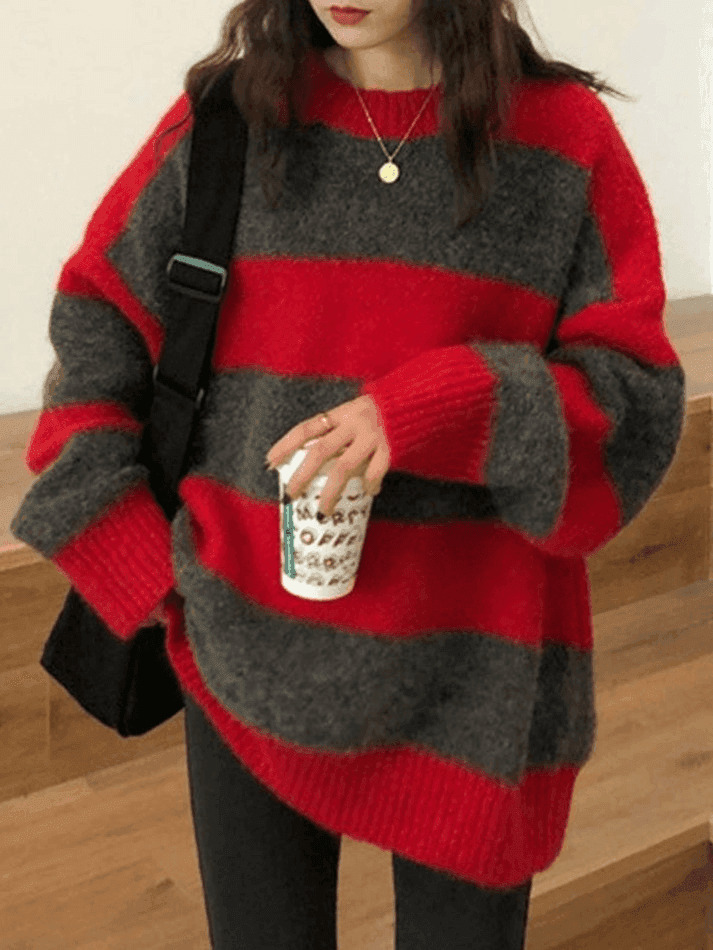 Cozy Oversized Stripe Pullover Sweater for Y2K Fashion Enthusiasts Cozy Oversized Stripe Pullover Sweater for Y2K Fashion Enthusiasts