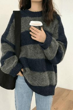 Cozy Oversized Stripe Pullover Sweater for Y2K Fashion Enthusiasts