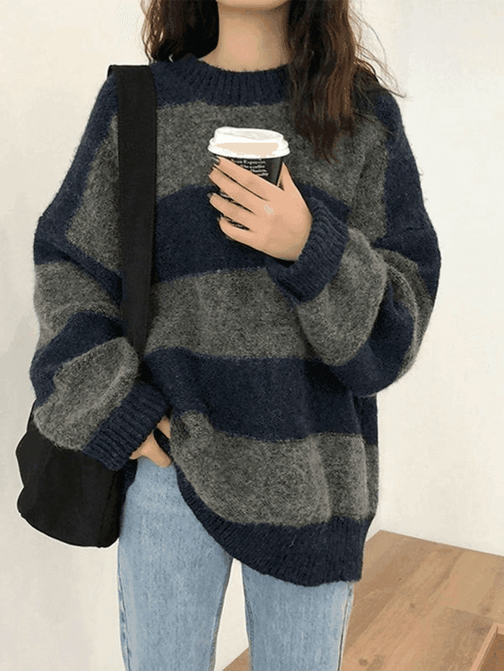 Cozy Oversized Stripe Pullover Sweater for Y2K Fashion Enthusiasts Cozy Oversized Stripe Pullover Sweater for Y2K Fashion Enthusiasts
