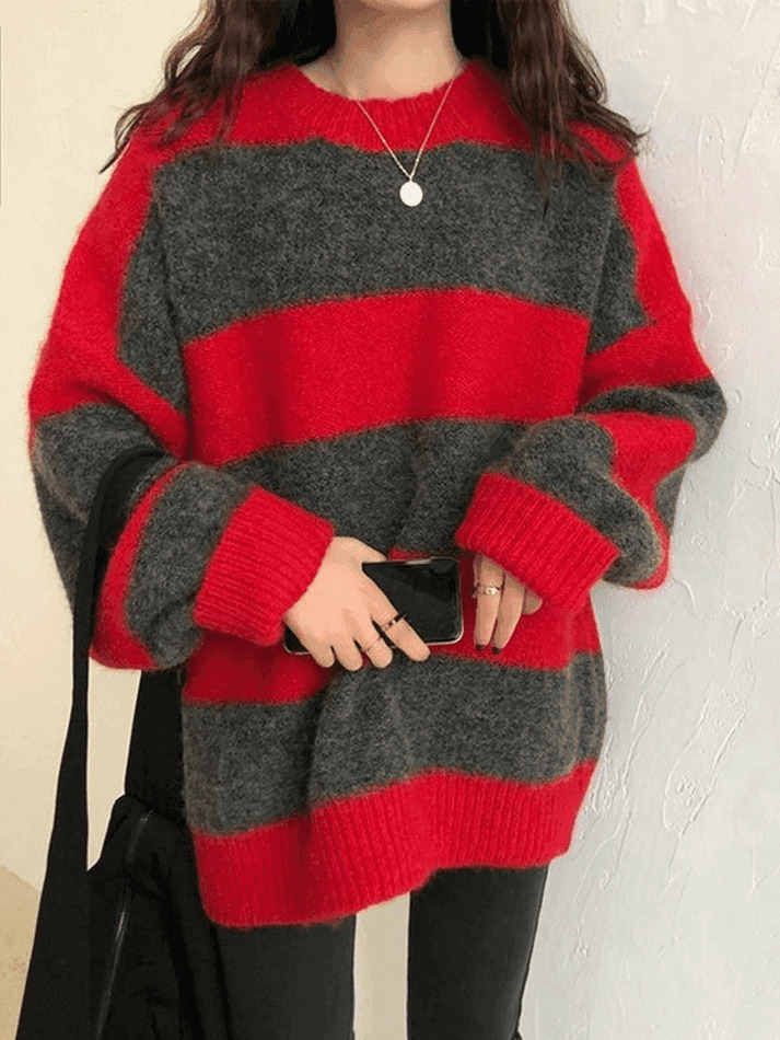 Cozy Oversized Stripe Pullover Sweater for Y2K Fashion Enthusiasts Cozy Oversized Stripe Pullover Sweater for Y2K Fashion Enthusiasts