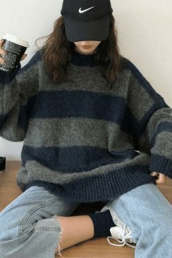 Cozy Oversized Stripe Pullover Sweater for Y2K Fashion Enthusiasts