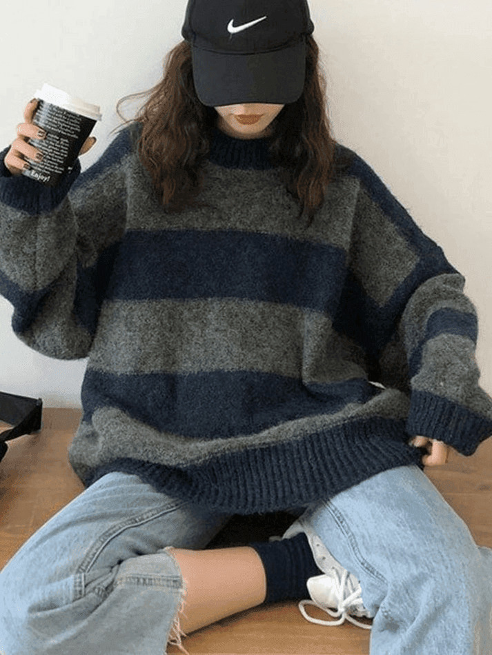 Cozy Oversized Stripe Pullover Sweater for Y2K Fashion Enthusiasts Cozy Oversized Stripe Pullover Sweater for Y2K Fashion Enthusiasts