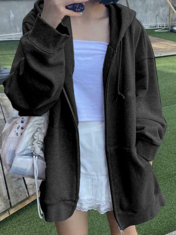 Cozy Solid Color Fleece-Lined Zip-Up Hoodie for Women's Y2K Fashion & Aesthetic Outfits
