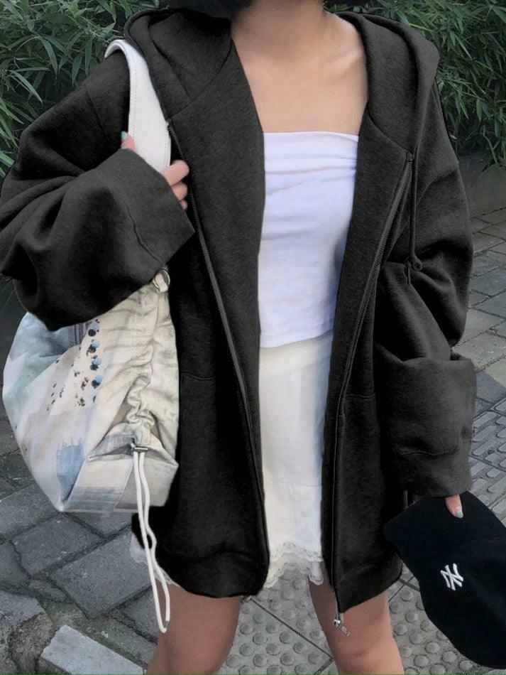 Cozy Solid Color Fleece-Lined Zip-Up Hoodie for Women's Y2K Fashion & Aesthetic Outfits