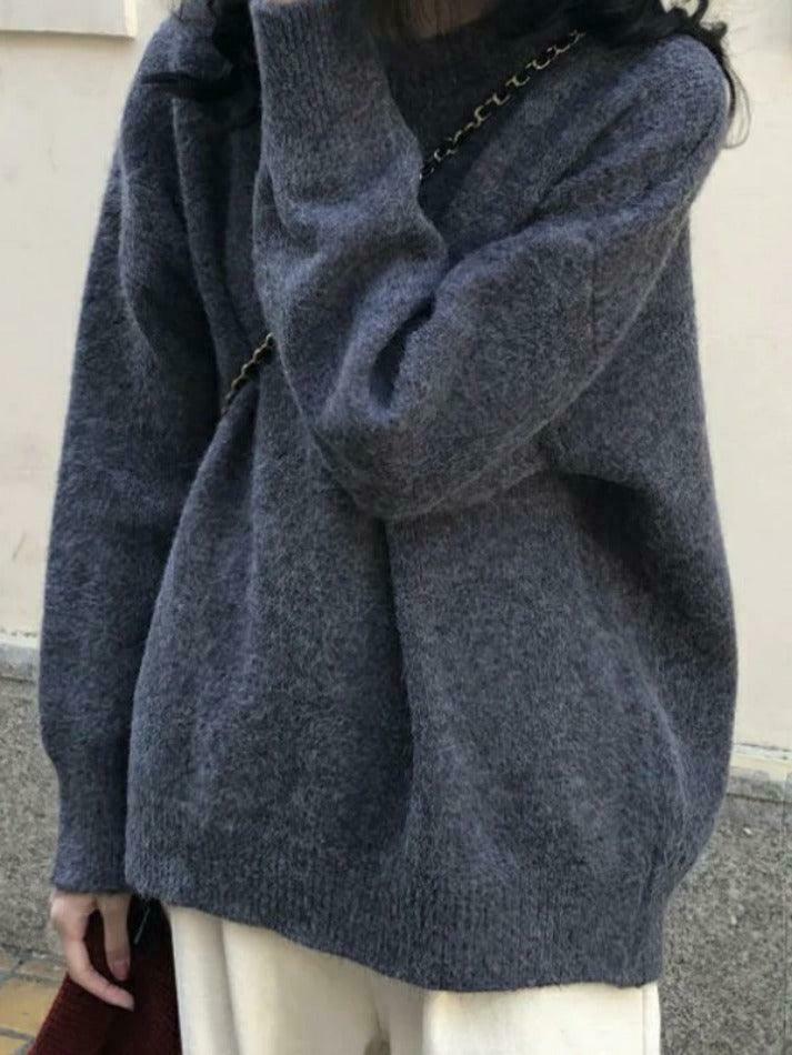 Cozy Solid Crew Neck Knit Sweater for Y2K Fashion with Grunge & Coquette Aesthetic