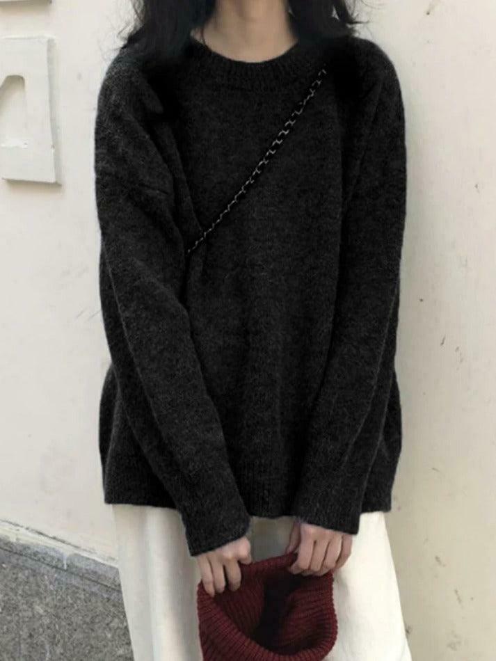 Cozy Solid Crew Neck Knit Sweater for Y2K Fashion with Grunge & Coquette Aesthetic