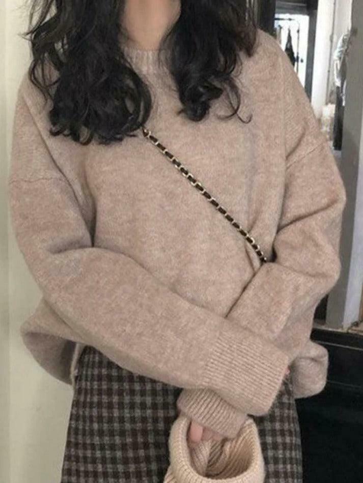Cozy Solid Crew Neck Knit Sweater for Y2K Fashion with Grunge & Coquette Aesthetic