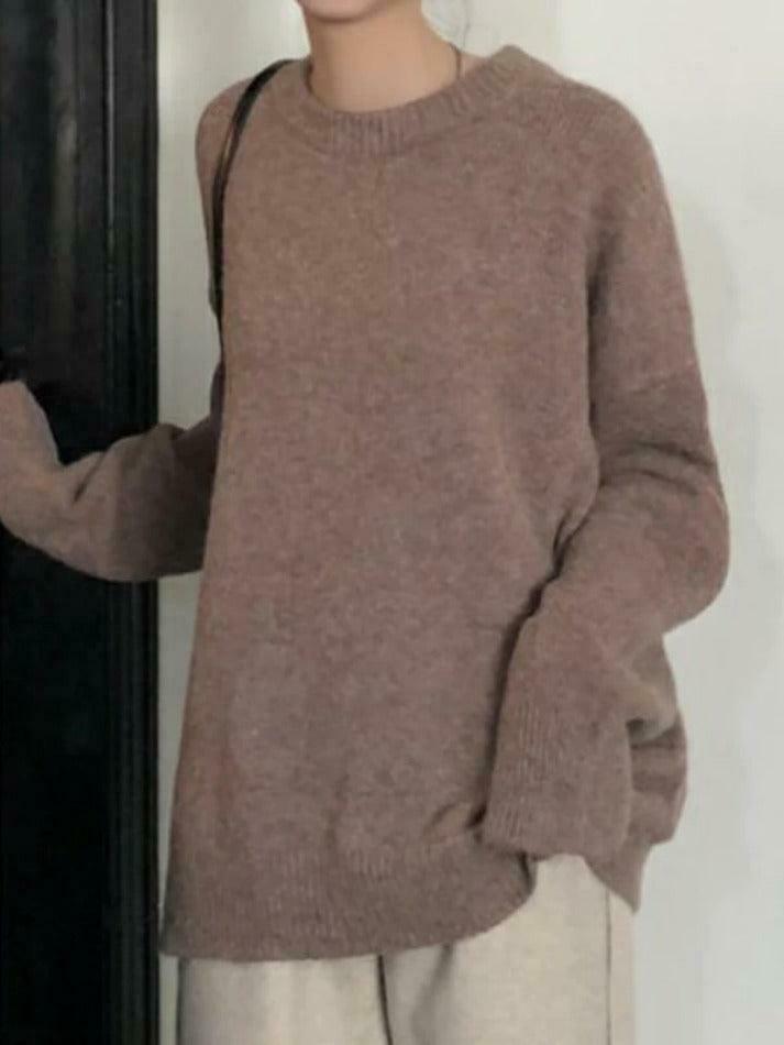 Cozy Solid Crew Neck Knit Sweater for Y2K Fashion with Grunge & Coquette Aesthetic