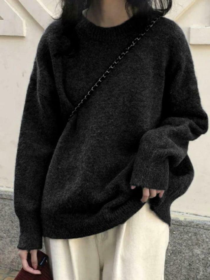 Cozy Solid Crew Neck Knit Sweater for Y2K Fashion with Grunge & Coquette Aesthetic