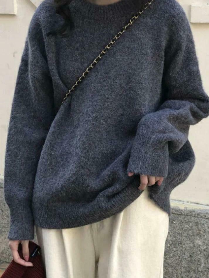 Cozy Solid Crew Neck Knit Sweater for Y2K Fashion with Grunge & Coquette Aesthetic