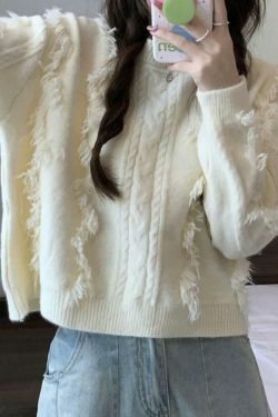 Cozy Solid Tassel Cable Knit Sweater for Y2K Fashion Enthusiasts