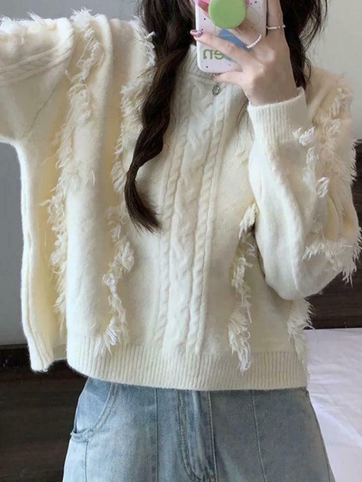 Cozy Solid Tassel Cable Knit Sweater for Y2K Fashion Enthusiasts Cozy Solid Tassel Cable Knit Sweater for Y2K Fashion Enthusiasts