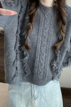 Cozy Solid Tassel Cable Knit Sweater for Y2K Fashion Enthusiasts