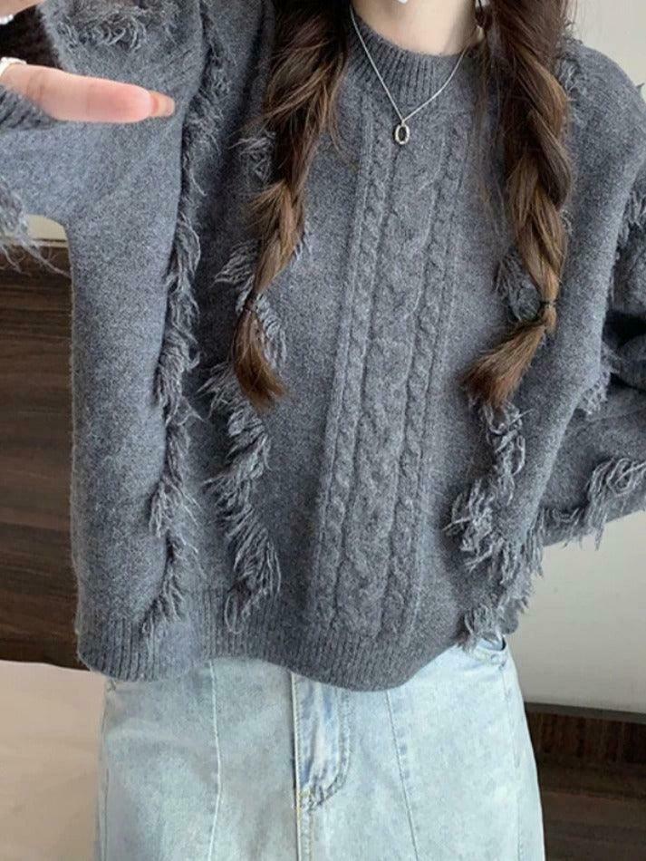 Cozy Solid Tassel Cable Knit Sweater for Y2K Fashion Enthusiasts Cozy Solid Tassel Cable Knit Sweater for Y2K Fashion Enthusiasts