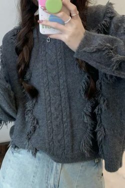 Cozy Solid Tassel Cable Knit Sweater for Y2K Fashion Enthusiasts