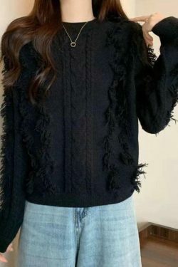 Cozy Solid Tassel Cable Knit Sweater for Y2K Fashion Enthusiasts
