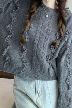 Cozy Solid Tassel Cable Knit Sweater for Y2K Fashion Enthusiasts