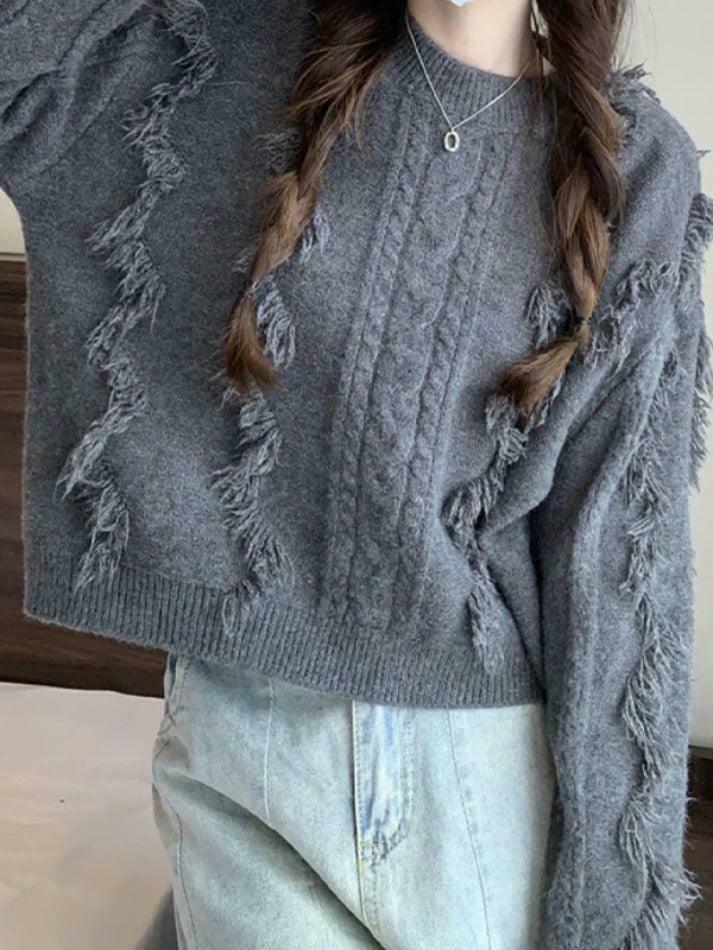 Cozy Solid Tassel Cable Knit Sweater for Y2K Fashion Enthusiasts Cozy Solid Tassel Cable Knit Sweater for Y2K Fashion Enthusiasts