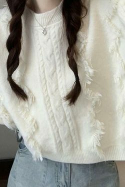 Cozy Solid Tassel Cable Knit Sweater for Y2K Fashion Enthusiasts
