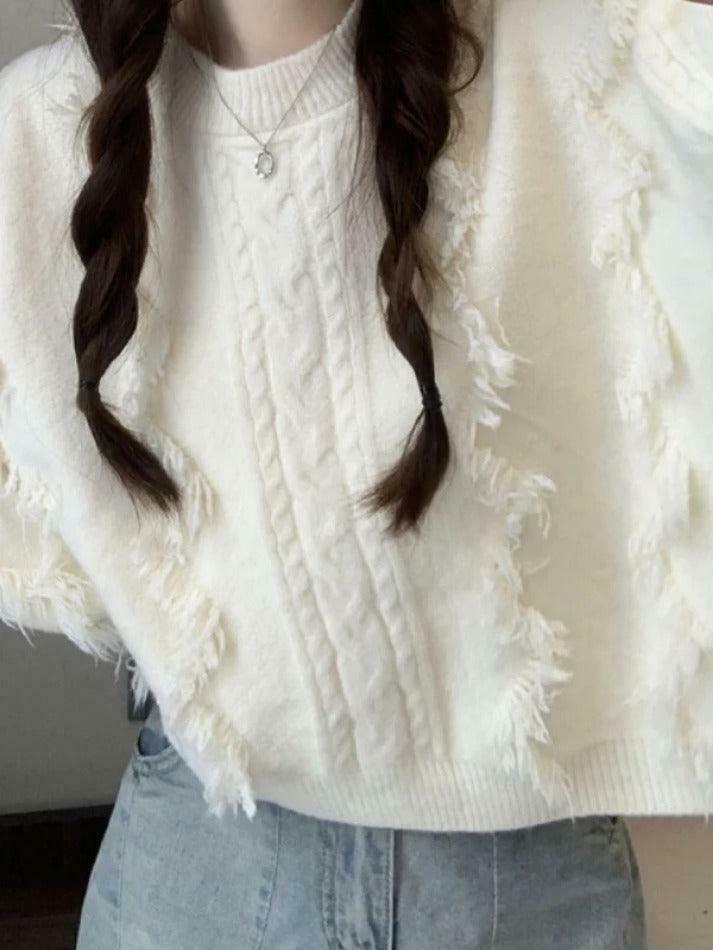 Cozy Solid Tassel Cable Knit Sweater for Y2K Fashion Enthusiasts Cozy Solid Tassel Cable Knit Sweater for Y2K Fashion Enthusiasts