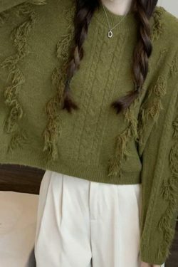 Cozy Solid Tassel Cable Knit Sweater for Y2K Fashion Enthusiasts