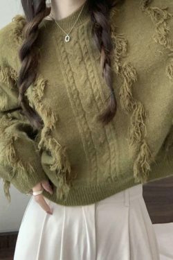Cozy Solid Tassel Cable Knit Sweater for Y2K Fashion Enthusiasts