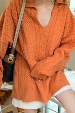 Cozy Solid V-Neck Cable Knit Sweater for Y2K Fashion Enthusiasts